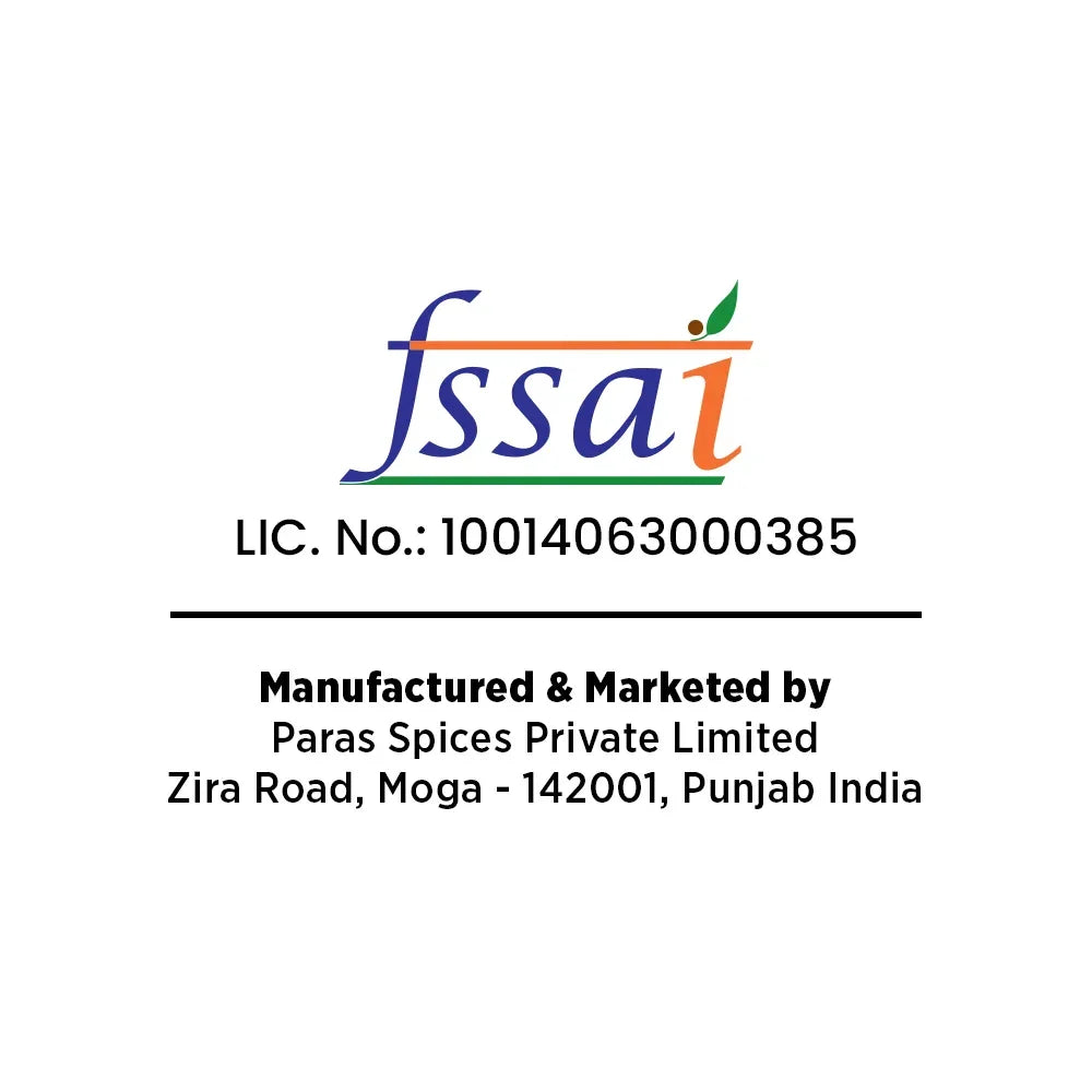 FSSAI logo with license number and manufacturing details on a white background