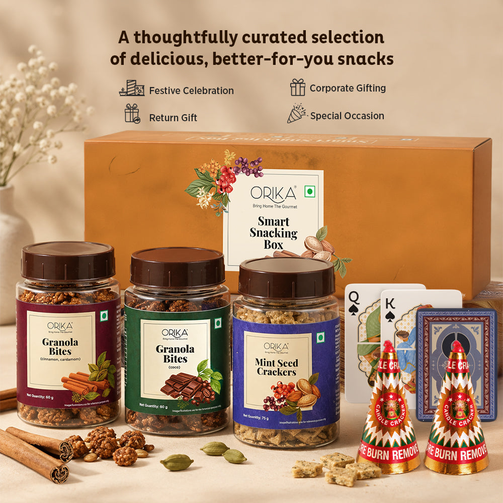 Orika Smart Snacking Box with Anar-Shaped Candle and Playing Cards
