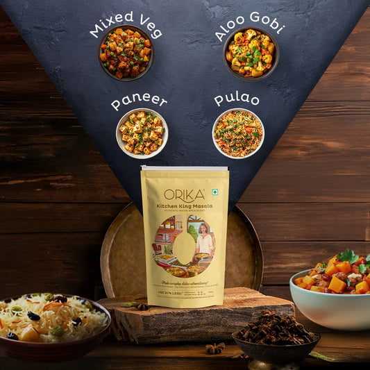 Orika kitchen masala package with various dish options on a wooden background