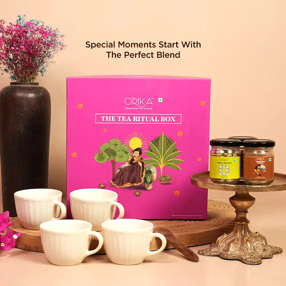 Orika Tea Ritual Box Gift Set | Festive Gift Box with 4 Ceramic Cups & Wooden Spoon