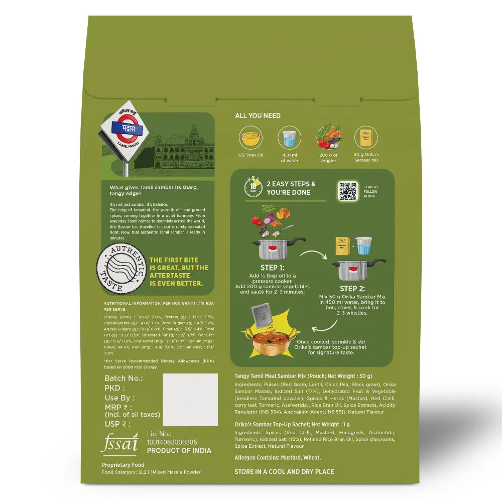Orika Tangy Tamil Meal Sambar Mix | Authentic South Indian Sambar | 51g