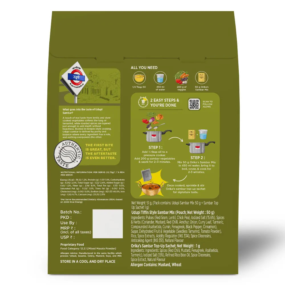 Orika Udupi Tiffin-Style Sambar Mix | Authentic Udupi Sambar | 51g