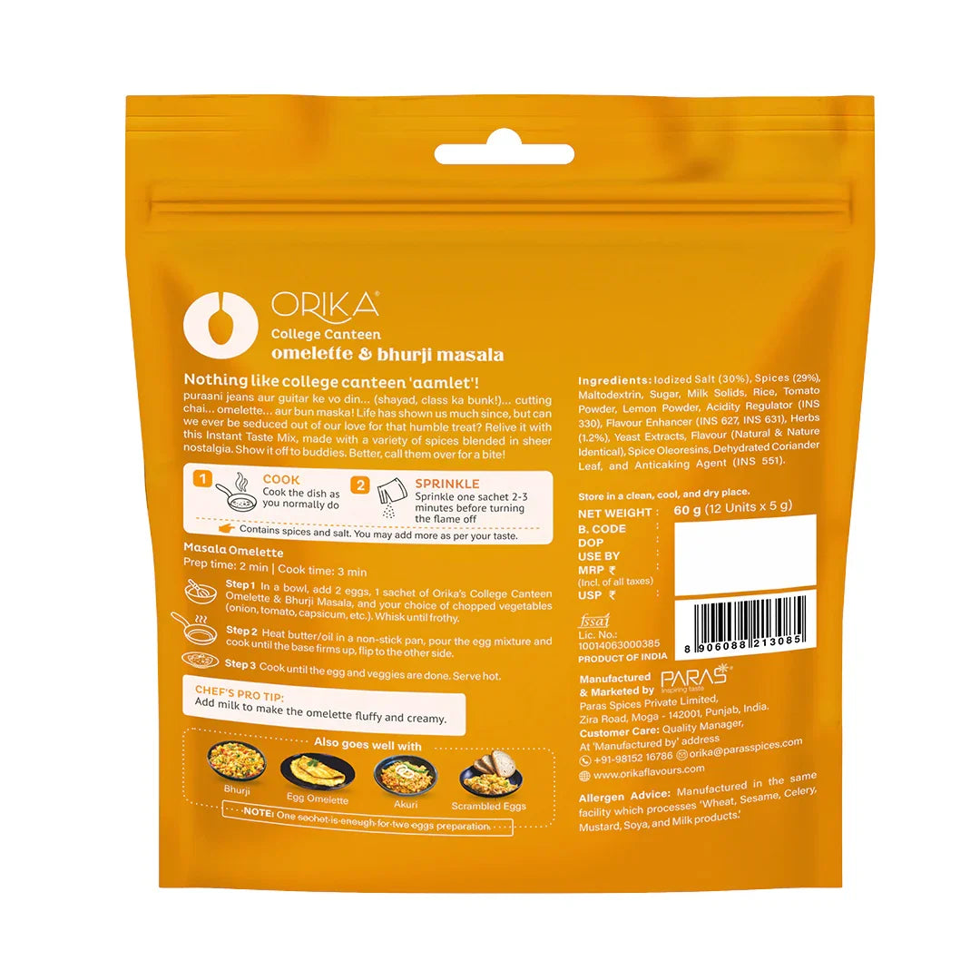 College Canteen Omelette and Bhurji Masala - 12 single use sachets - Orika Spices India
