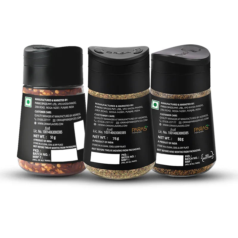Orika combo pack of Malabar Black Pepper, Italian Seasoning & Red Chillli flakes Sprinklers (Pack of 3) - Orika Spices India