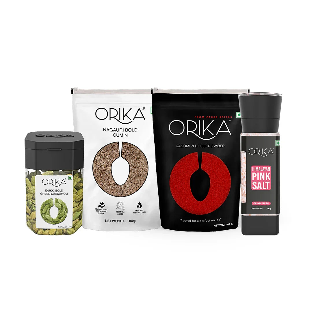 Orika Gourmet Spice Fusion Idduki Bold Green Cardamom 60g, Nagauri Bold Cumin 100g, Kashmiri red chili Powder 100g, Pink salt 100g - Orika Spices India