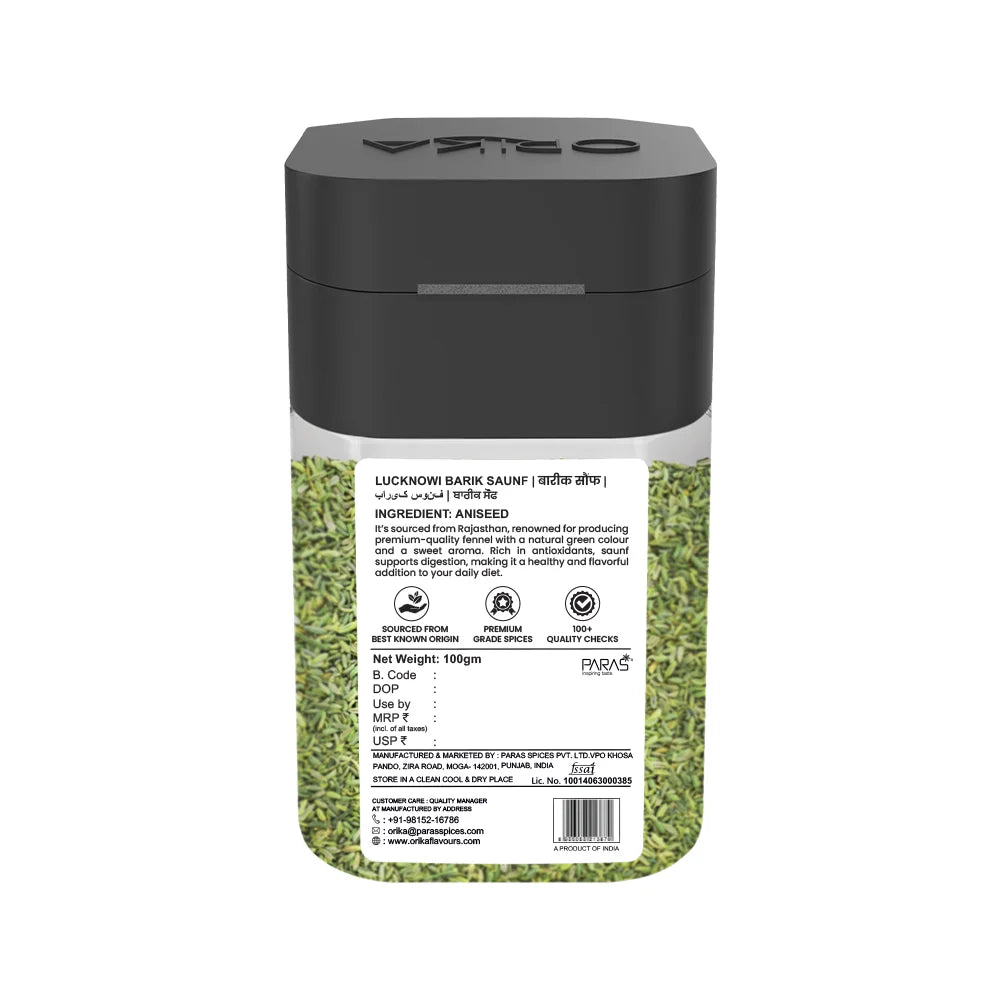 Orika Lucknowi Barik Saunf | Premium Fine Fennel Seeds for Mukhwas, Digestive, Cooking & Mouth Freshener | Aromatic & Flavourful – 100g Jar - Orika Spices India