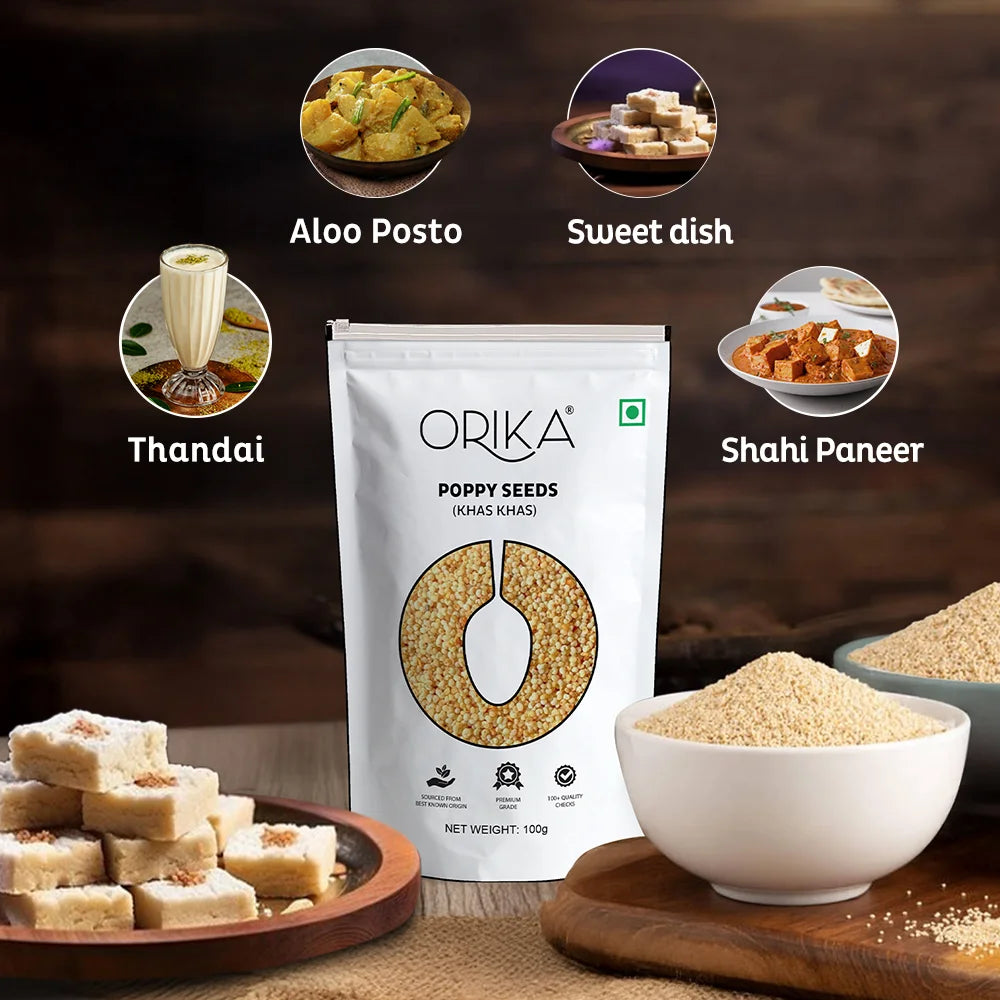 Orika Poppy Seeds (Khas Khas) | Unpolished & Cleaned White Khas Khas for Indian Cooking, Sweets & Curries – 100g Pouch - Orika Spices India