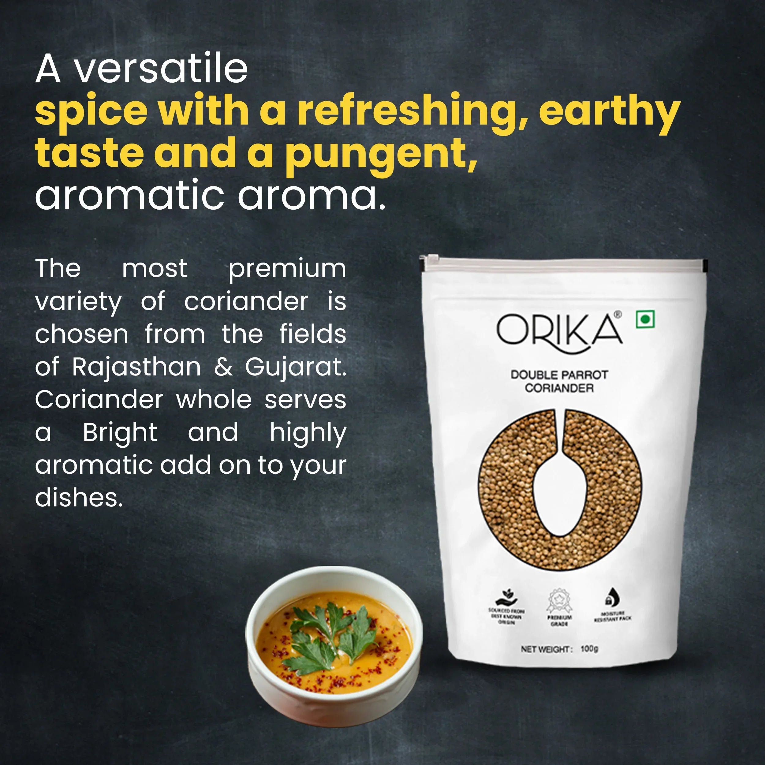 Orika's 'Double Parrot' Coriander Whole, 100g - Orika Spices India