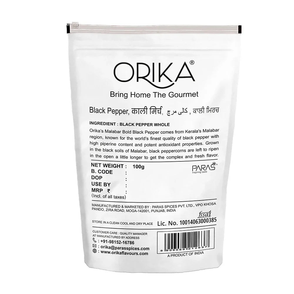 Orika's Malabar Bold Black Pepper, 100g - Orika Spices India