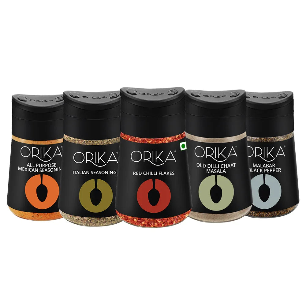 Orika Table Sprinkler Combo, (Italian Seasoning (75g), Red chili flakes (50g), All-purpose Mexican seasoning (80g), Malabar Black Pepper (80g), Old Dilli Chat Masala (90g)) - Orika Spices India