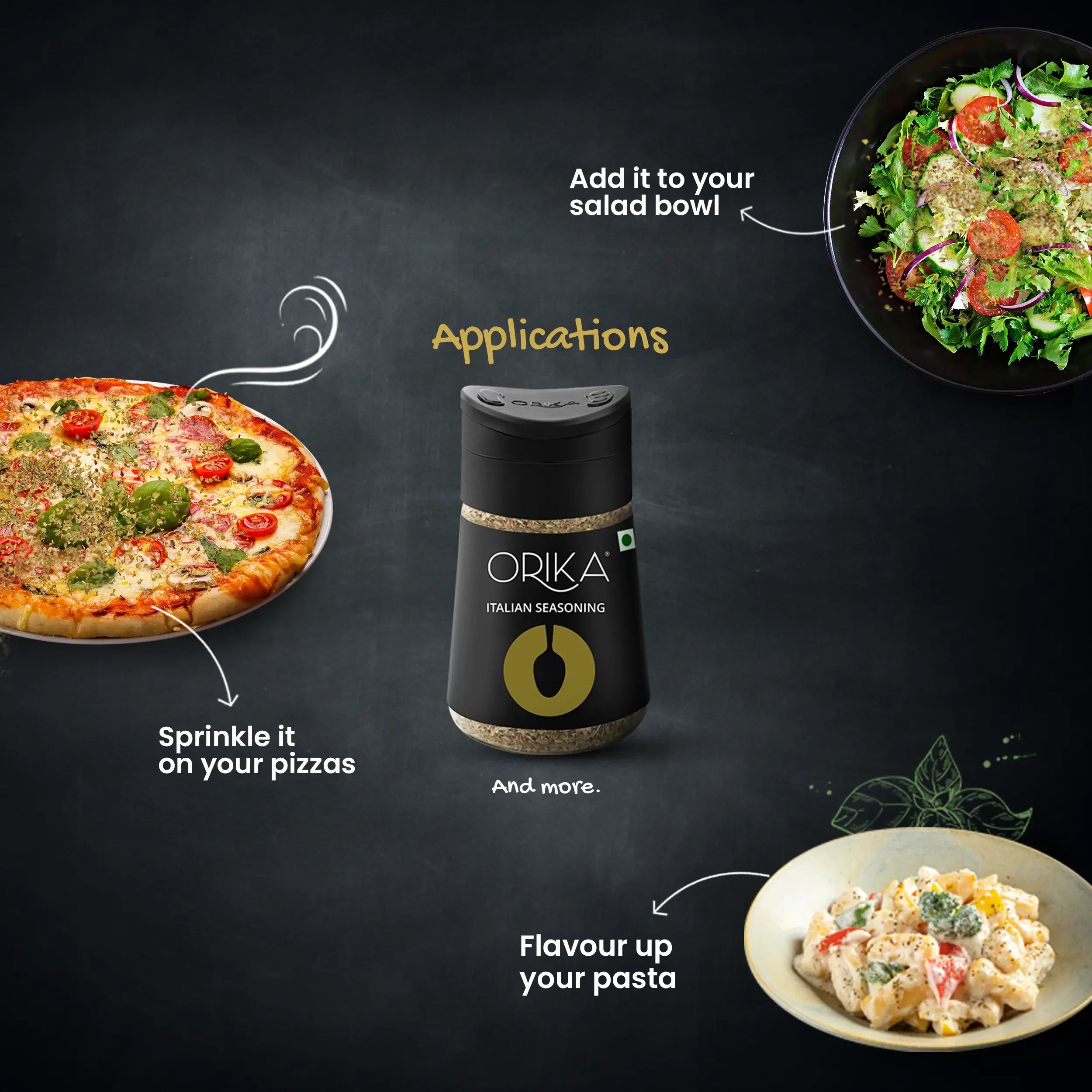 Orika Table Sprinkler Combo, (Italian Seasoning (75g), Red chili flakes (50g), All-purpose Mexican seasoning (80g), Malabar Black Pepper (80g), Old Dilli Chat Masala (90g)) - Orika Spices India