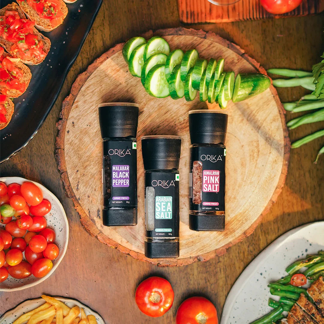 Sea Salt 100g, Pink Salt 100g & Black Pepper 50g,Table Grinder Combo - Orika Spices India