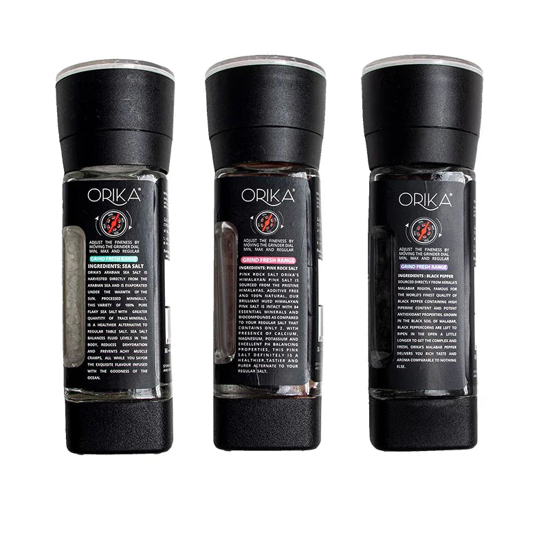 Sea Salt 100g, Pink Salt 100g & Black Pepper 50g,Table Grinder Combo - Orika Spices India