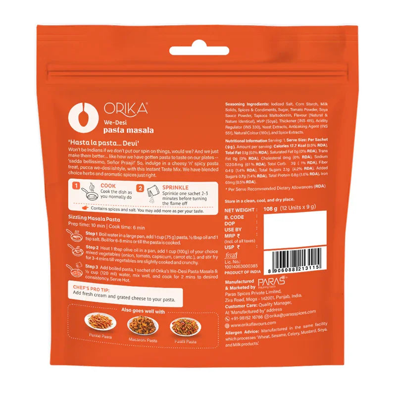 We-Desi Pasta Masala, All in One Masala, 12 single use sachets - Orika Spices India