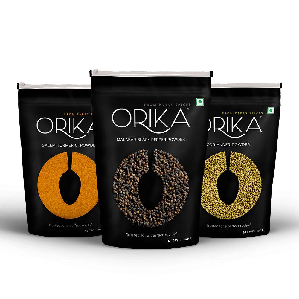 Everyday kitchen essential Malabar (Black Pepper Powder, Salem Turmeric Powder, Coriander Powder), (Pack of 3, 100gms each) - Orika Spices India