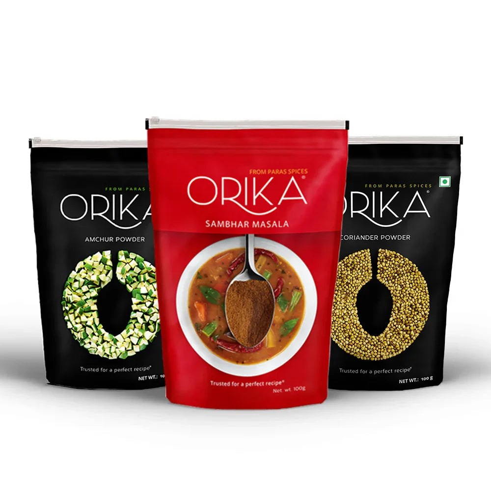 Orika Indian Essential Combo (Sambhar Masala 100g + Coriander Powder 100g + Amchoor Powder 100g) ( Pack of 3) - Orika Spices India