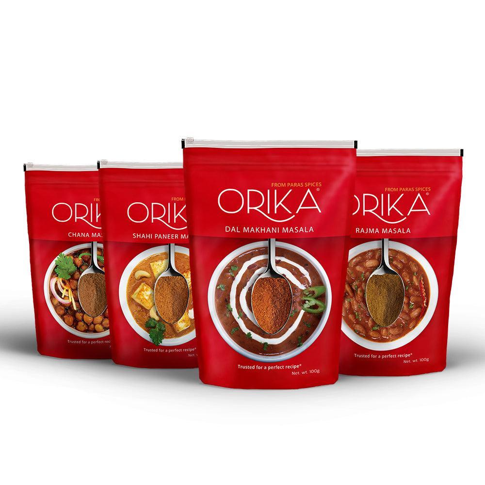 Orika Indian Mix Combo 3 (Shahi Paneer Masala, Chana Masala, Rajma Masala, Dal Makhani Masala) (Pack of 4, 100gms each) - Orika Spices India